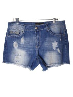 Cato Premium Womens 14 Denim Shorts Frayed Hem Distressed Embellished Chic